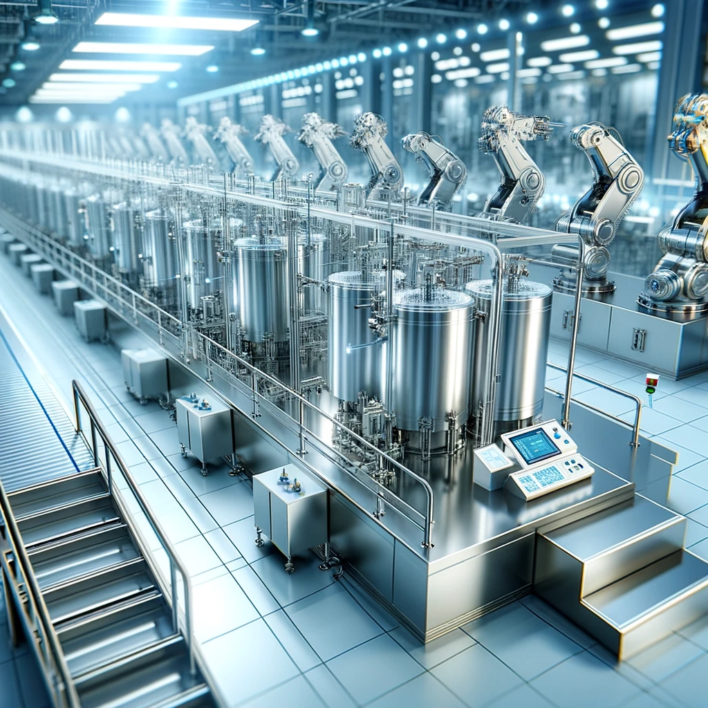 DALL·E 2024 04 08 22.03.36 An advanced sleek wet wipe manufacturing line dominates the foreground with shining stainless steel machinery designed for hygienic production. The  - How to Extend the Lifespan of Your Wet Wipes Machine