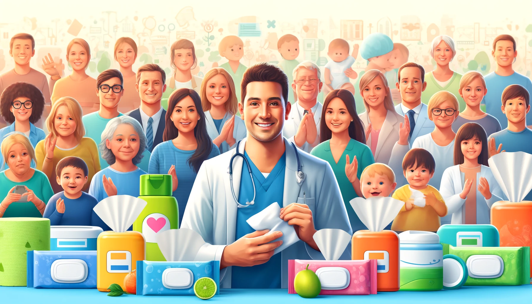 DALL·E 2024 04 13 20.08.46 A visually appealing banner image for a blog article about building brand loyalty in the wet wipes market. The image should depict a diverse group of  - How Wet Wipes Can Save Lives During Natural Disasters and Humanitarian Crises