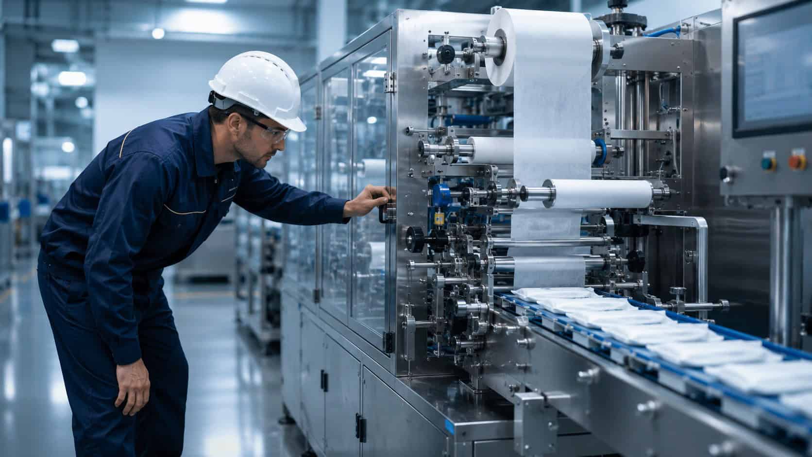 DROID engineer inspecting a wet wipes production line